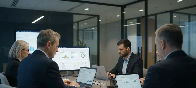 Consultants reviewing analytics dashboards together