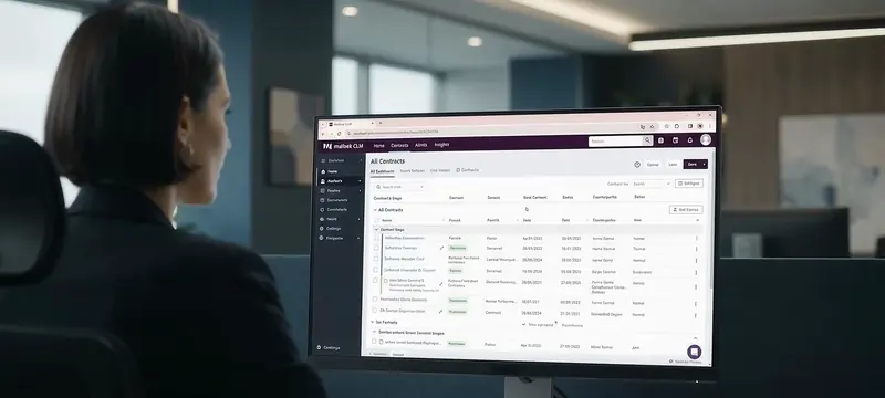 A CLM workspace showing a contract list during implementation
